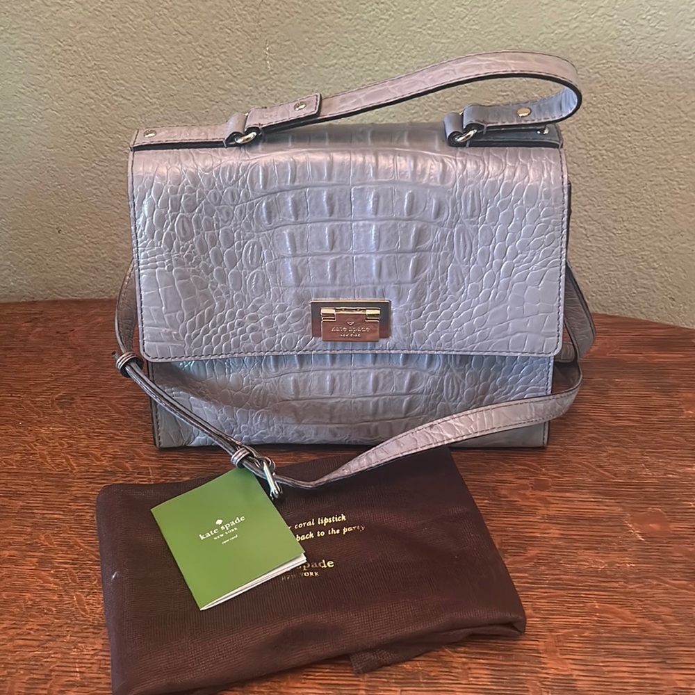 Kate Spade ♠️ Doris Croc Embossed Gray Large Satchel Shoulder Bag